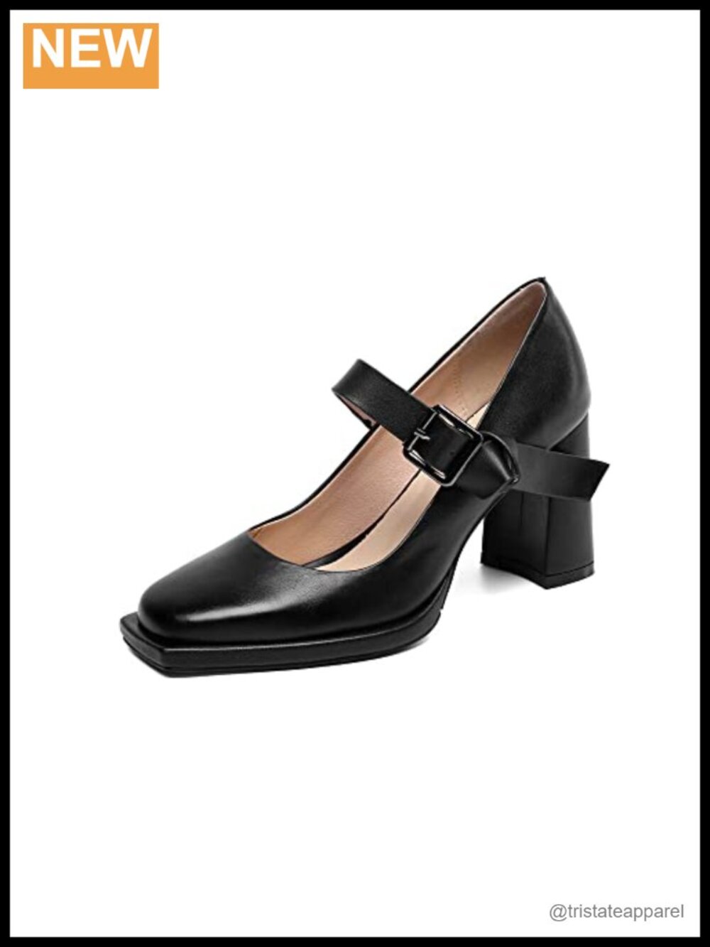 Genuine leather square toe buckle pumps